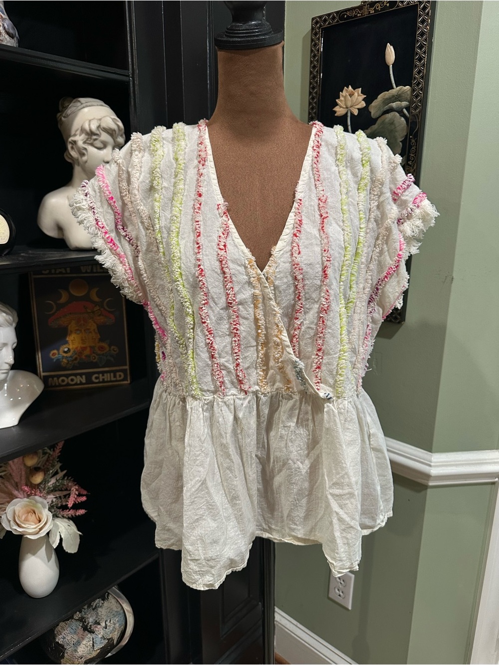 THML Cream Multicolor Fringe Peplum Top – Size Medium